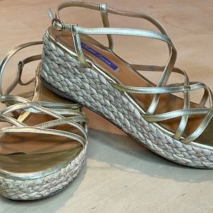 Ralph Lauren Purple Label Gold Leather Sandals with Woven Platform Heels Size 9